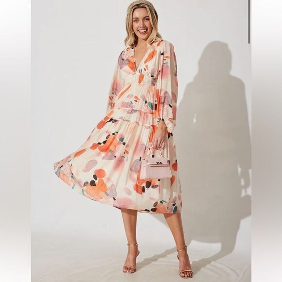 Puff Sleeve Floral Maxi Bohemian V Neck Tiered Casual Tiered Summer Maxi - Picture 4 of 16